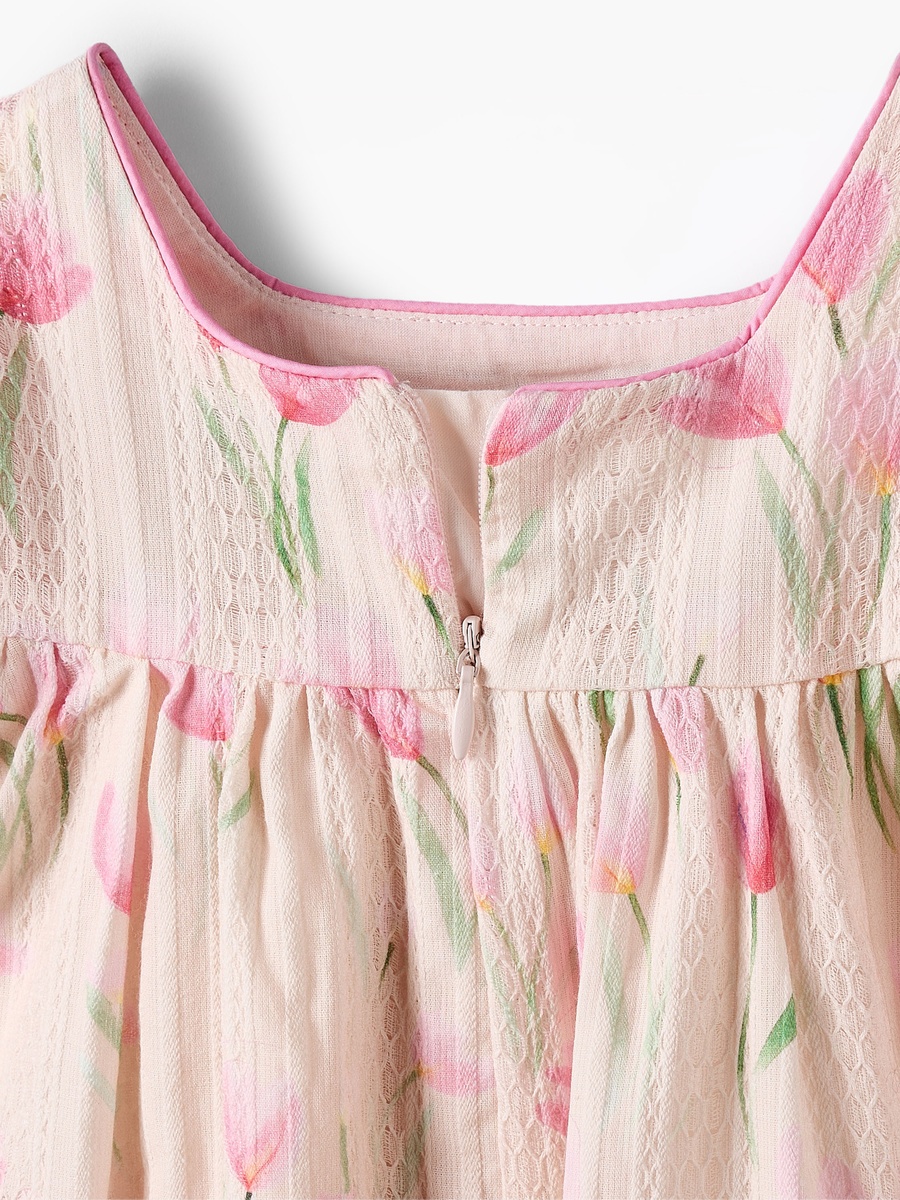 Square Neck Short Sleeves Dress with Floral Print