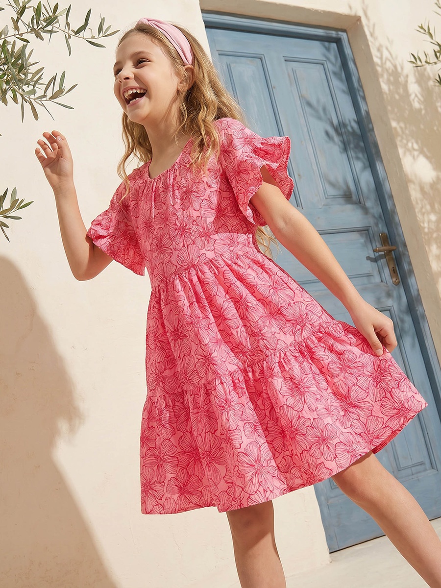 Square Neck Short Sleeves Knee Length Tiered Dress with Floral Print