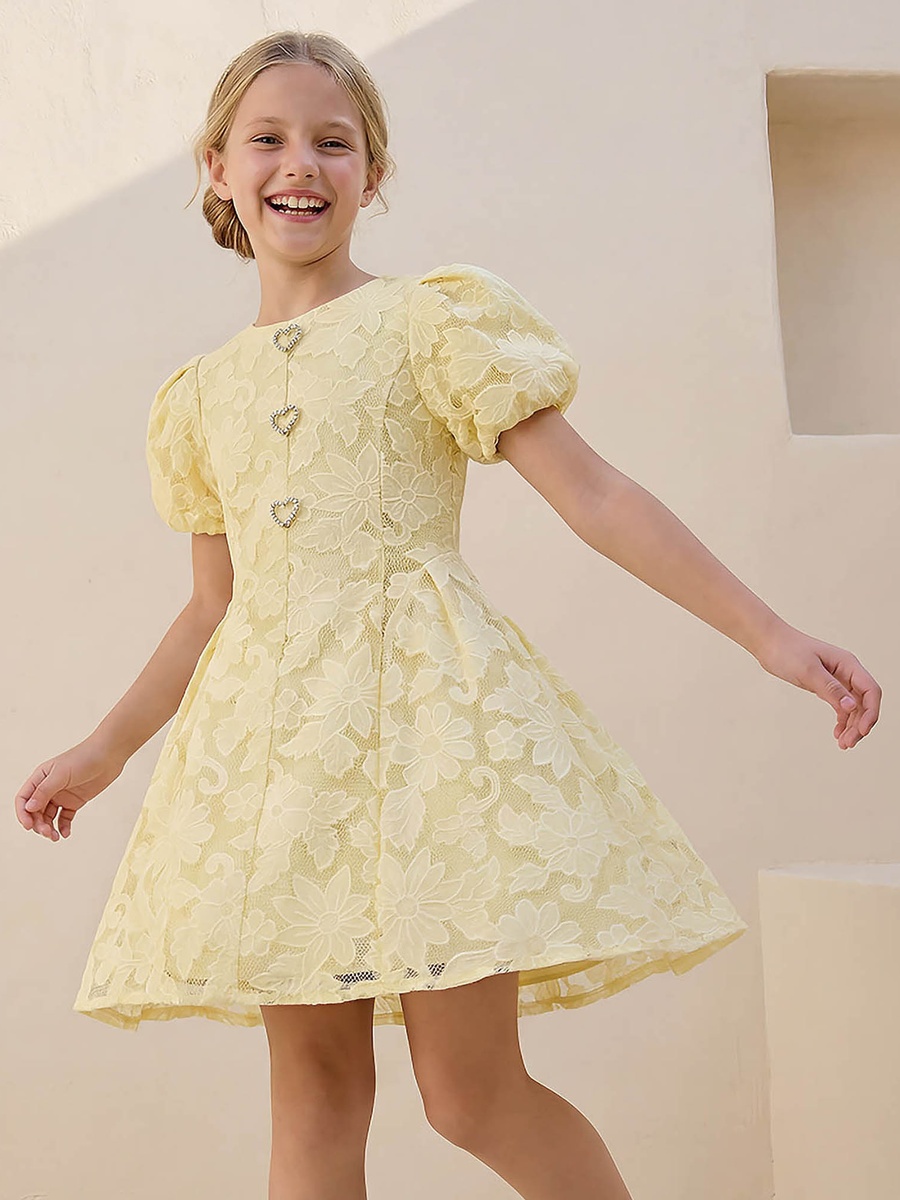 Round Neck Short Sleeves Knee Length A-Line Dress with Floral Lace