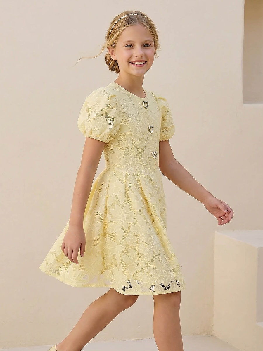 Round Neck Short Sleeves Knee Length A-Line Dress with Floral Lace