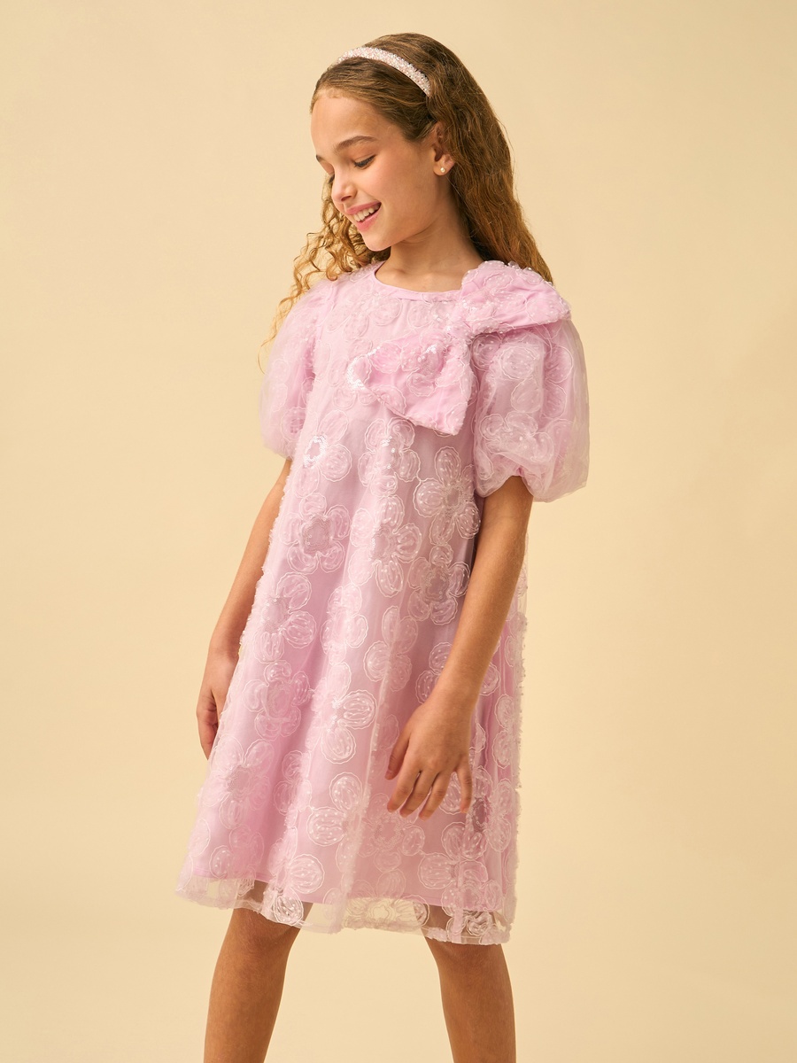 Round Neck Short Sleeves Knee Length A-Line Dress with Embroidery and Sequin Embellishments