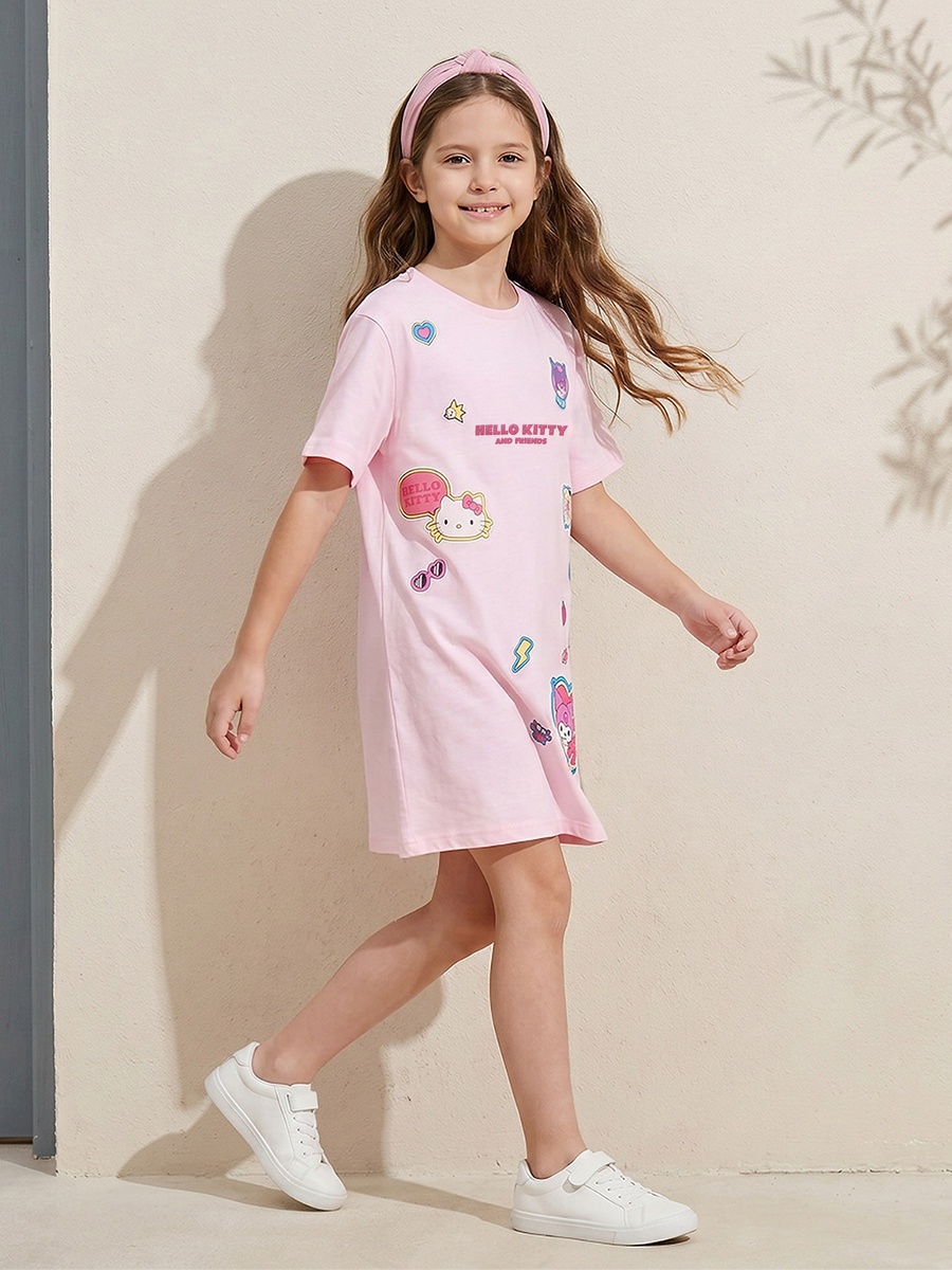 Crew Neck Short Sleeves Knee Length Dress with Hello Kitty and Friends Print