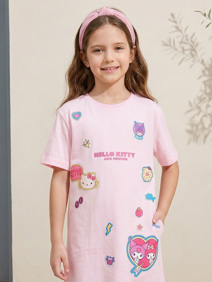 Crew Neck Short Sleeves Knee Length Dress with Hello Kitty and Friends Print