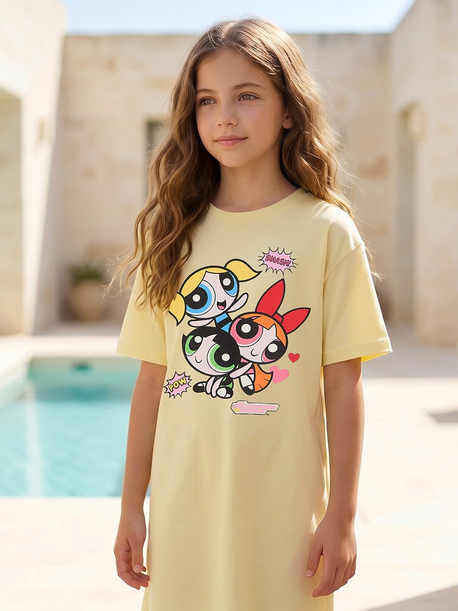 Round Neck Short Sleeves Knee Length T-Shirt Dress with Powerpuff Girls Print