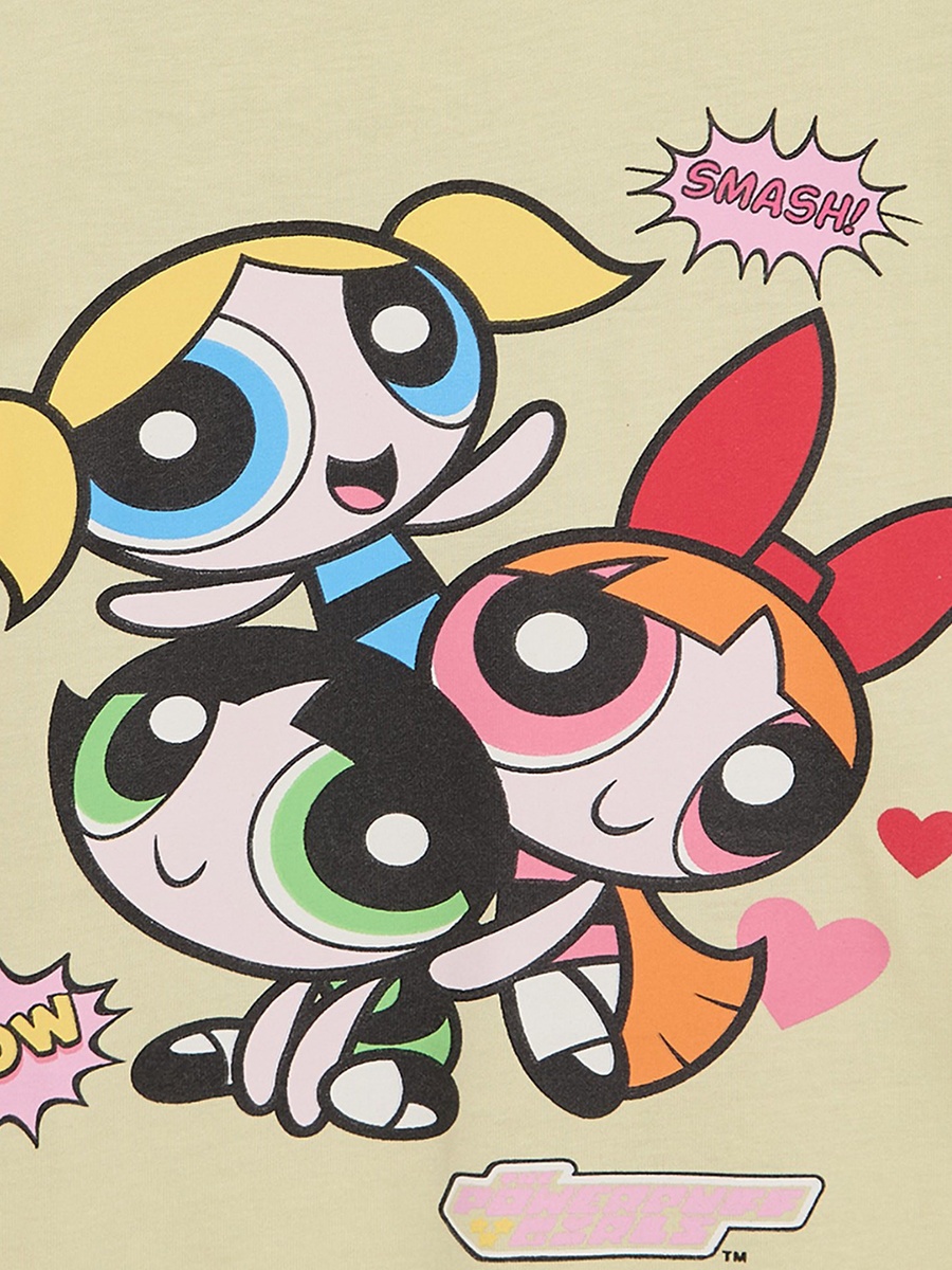 Round Neck Short Sleeves Knee Length T-Shirt Dress with Powerpuff Girls Print
