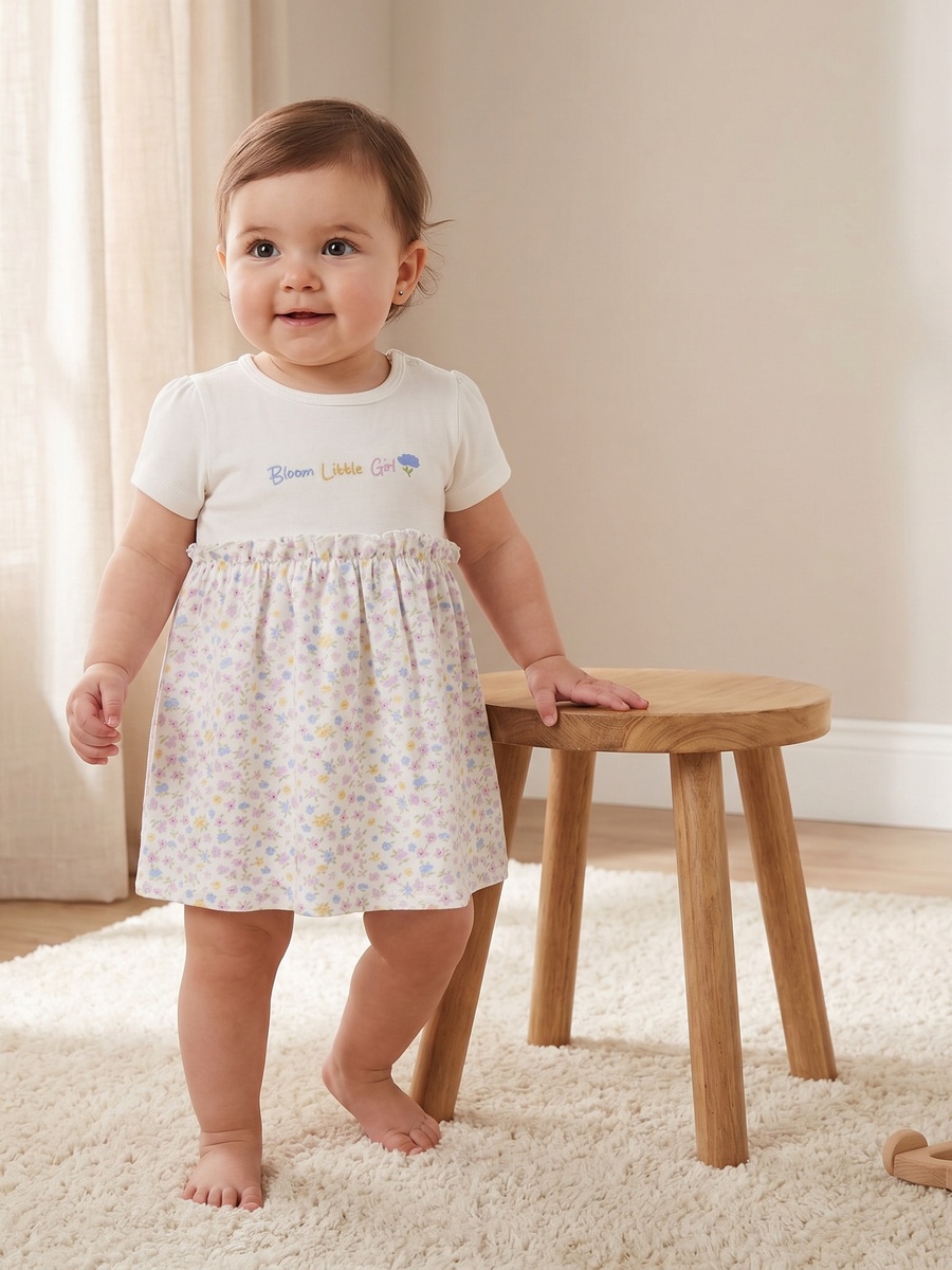 Round Neck Short Sleeves Knee Length A-Line Dress with Floral Print