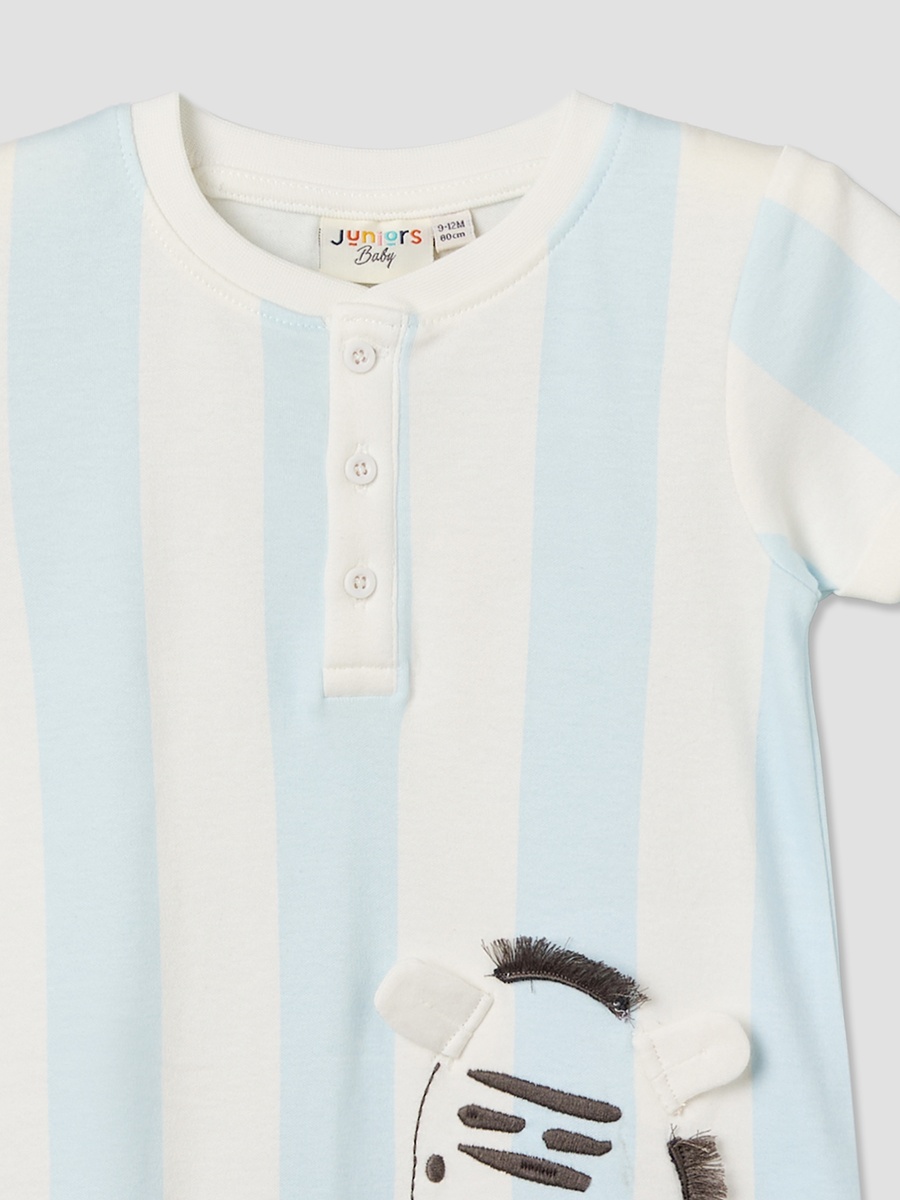 Henley Neck Short Sleeve Romper with Zebra Applique