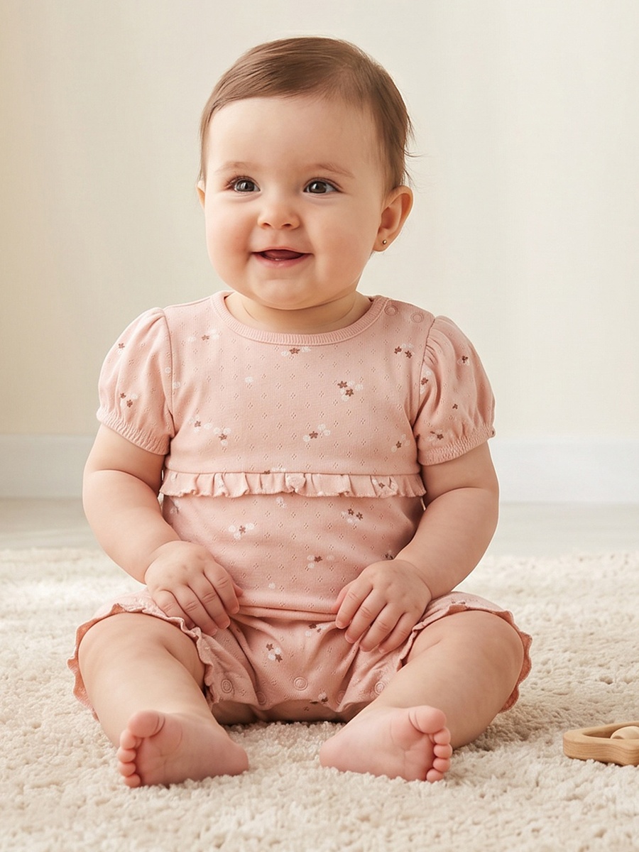 Round Neck Short Sleeves Romper with Floral Print
