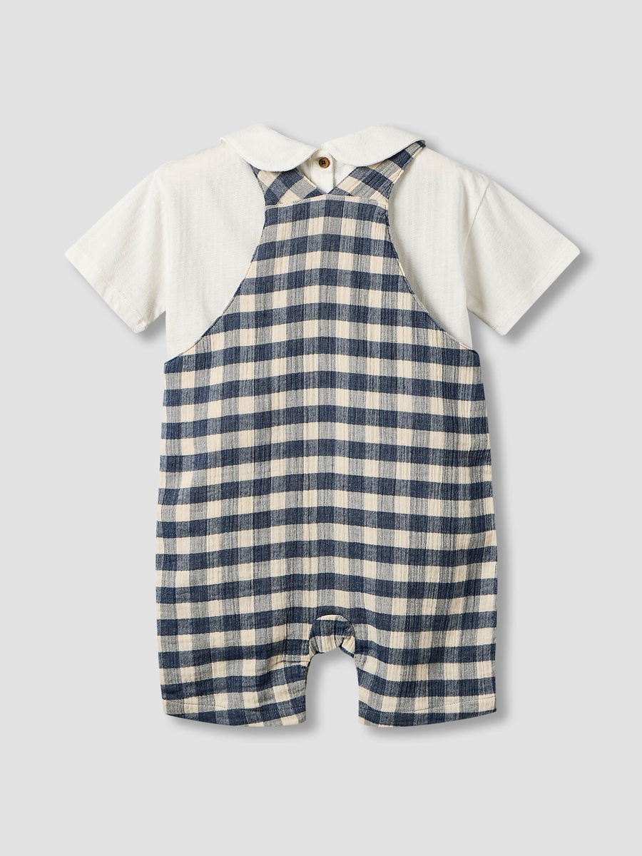 Collared Short Sleeve Top and Dungaree Set with Button Closure