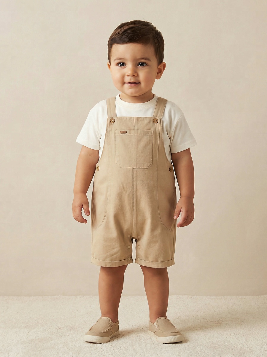 Crew Neck Short Sleeves T-Shirt and Dungaree Set with Pockets