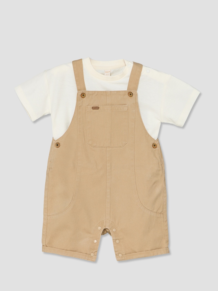 Crew Neck Short Sleeves T-Shirt and Dungaree Set with Pockets