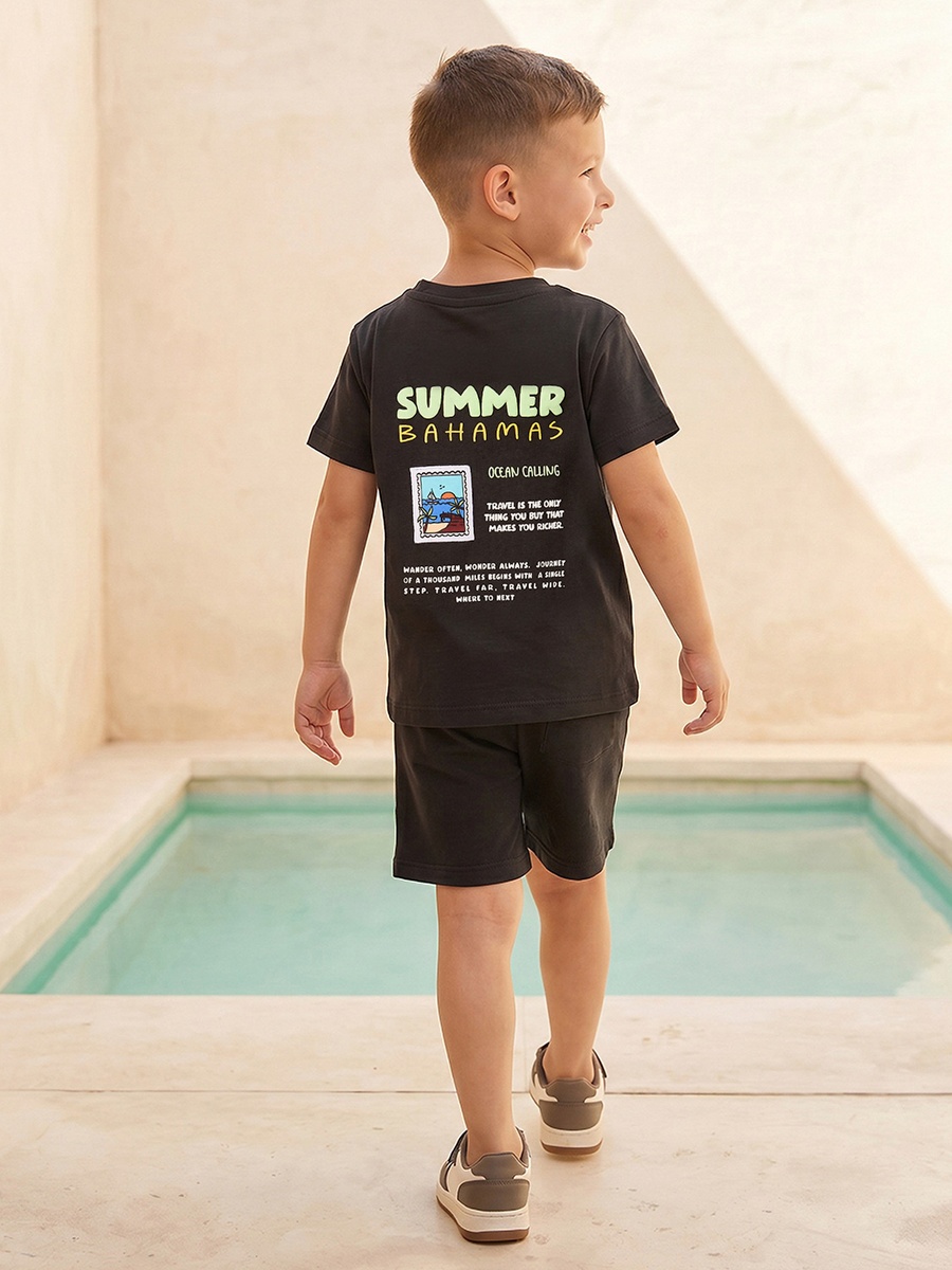 Set of 3 Crew Neck Short Sleeves T-Shirt and Shorts Set with Print