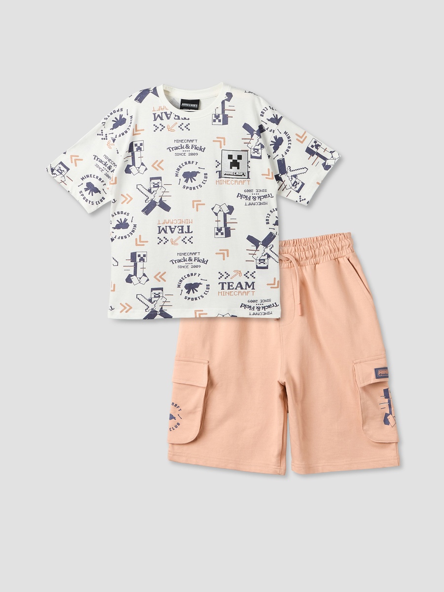 Crew Neck Short Sleeve T-Shirt and Shorts Set with Gaming Print