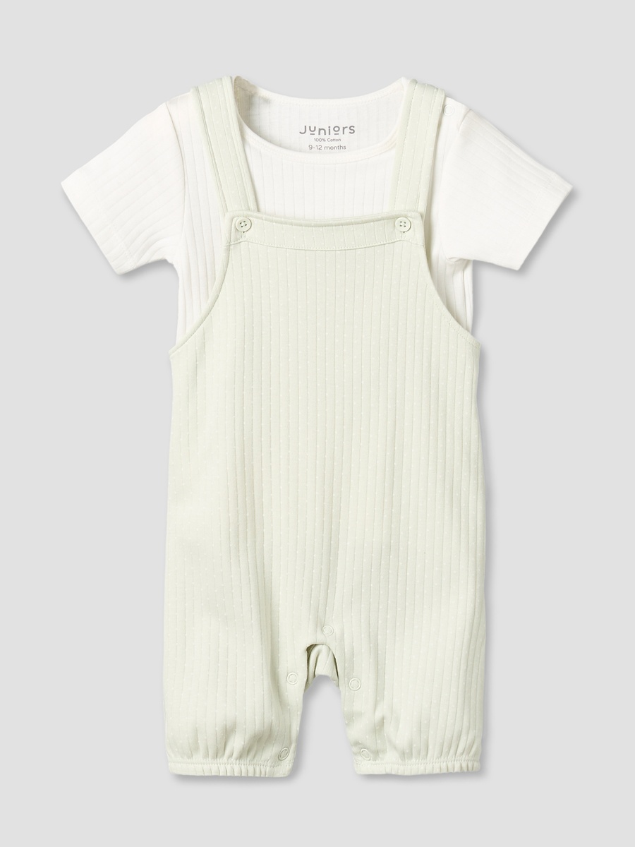 Round Neck Short Sleeves T-Shirt and Dungaree Set with Ribbed Design