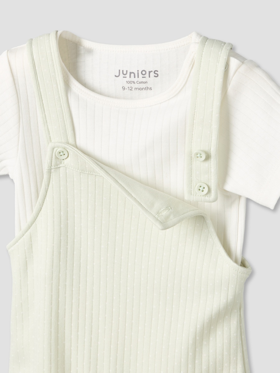 Round Neck Short Sleeves T-Shirt and Dungaree Set with Ribbed Design