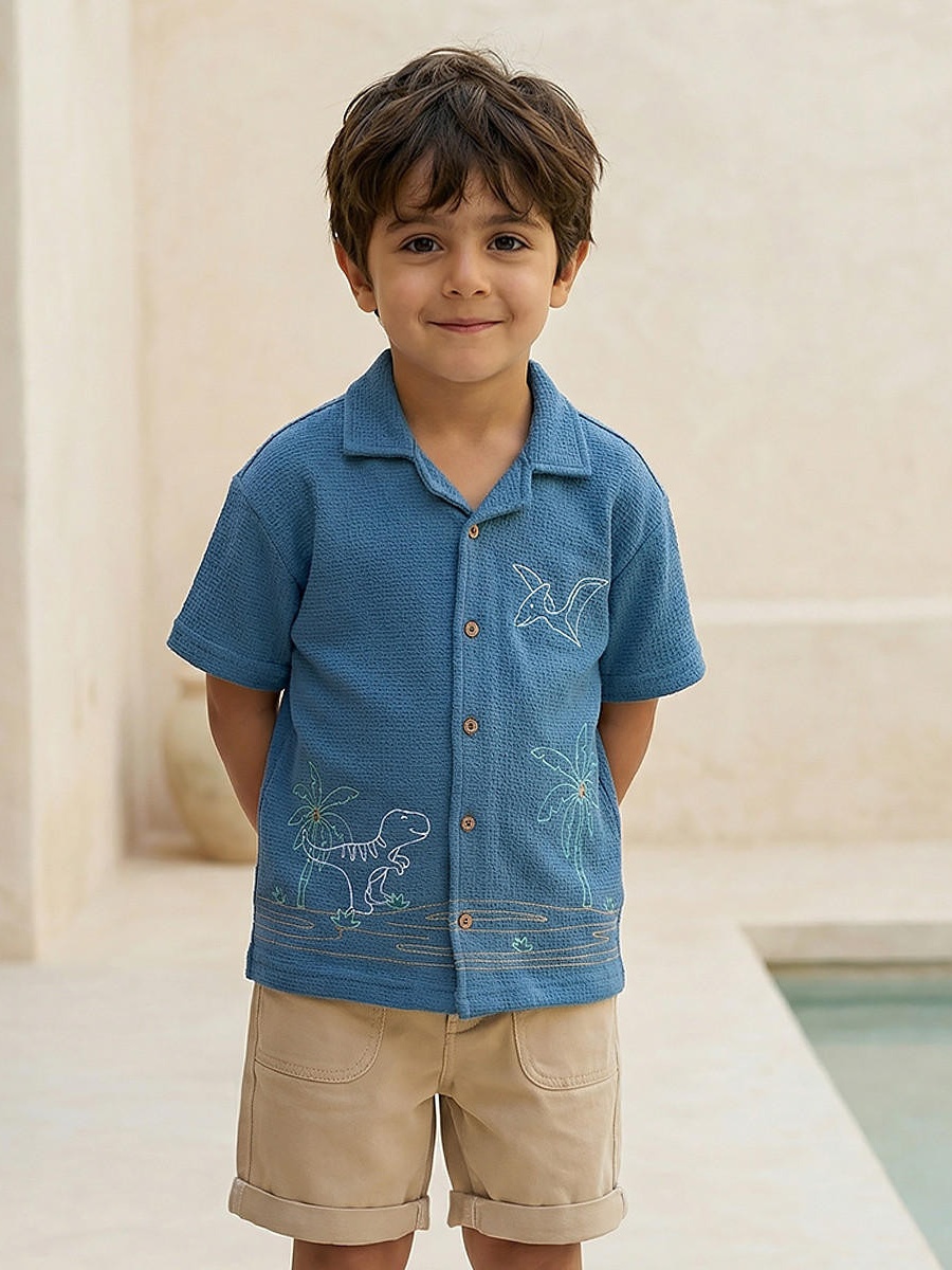 Short Sleeves Shirt with Dinosaur Embroidery