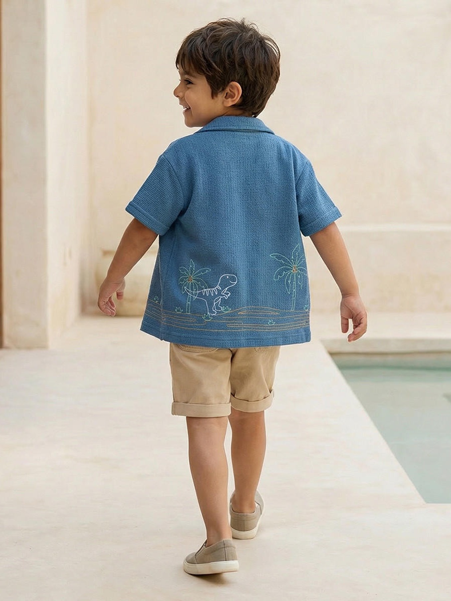 Short Sleeves Shirt with Dinosaur Embroidery