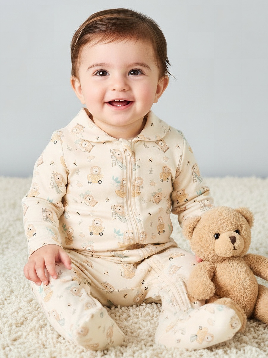 Bamboo Cotton Collared Long Sleeve Sleepsuit with Lion Print