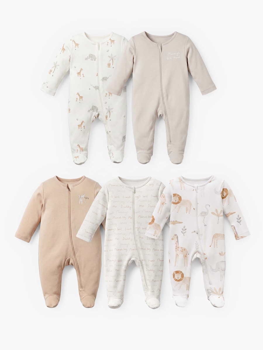 Pack of 5 Cotton Round Neck Long Sleeves Sleepsuit with Zip Closure