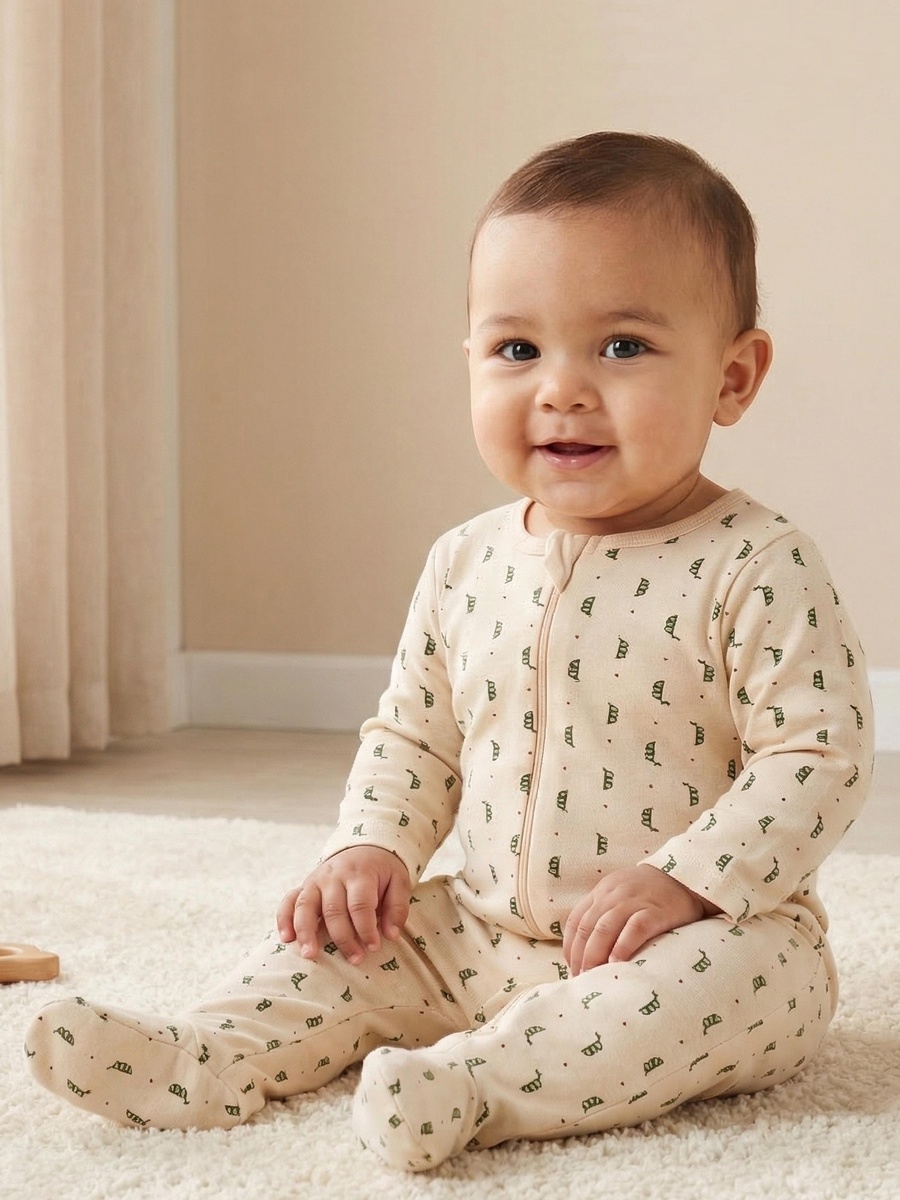 Printed Sleepsuit with Long Sleeves and Zip Closure