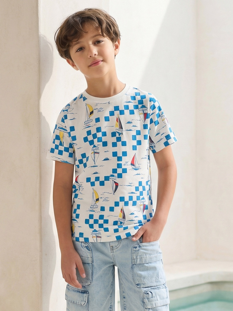 Crew Neck Short Sleeves T-Shirt with Sailboat Checked Print