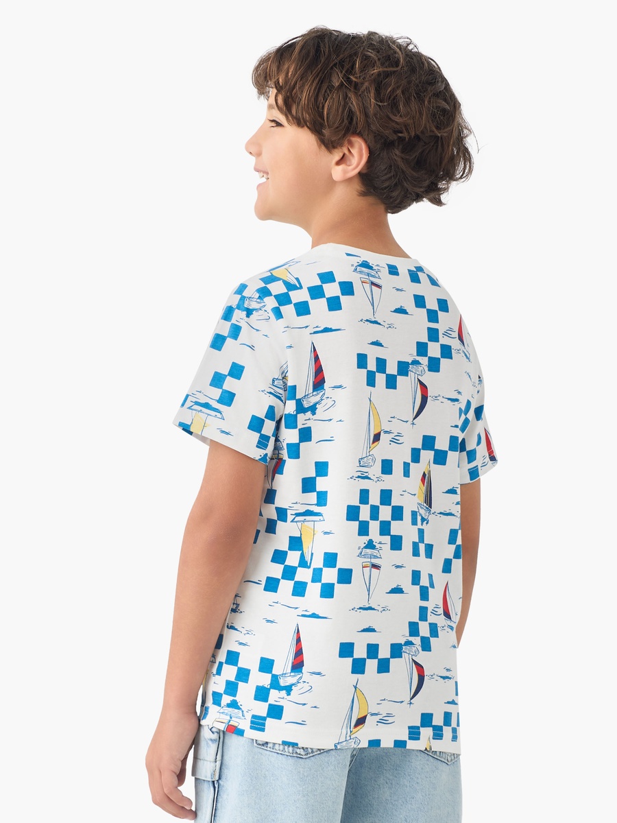 Crew Neck Short Sleeves T-Shirt with Sailboat Checked Print