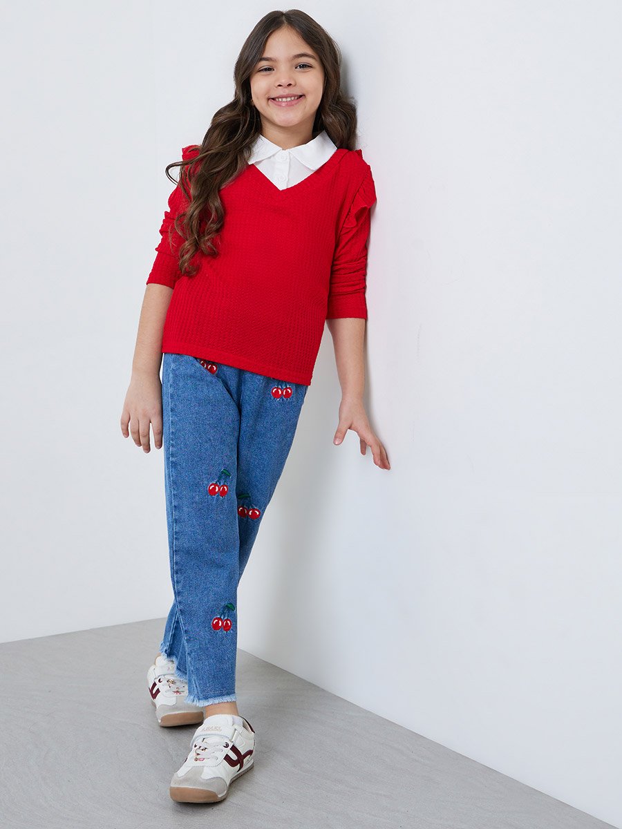 Girls Red Mock Layered Sweater and Embroidered Cherry Jeans Set