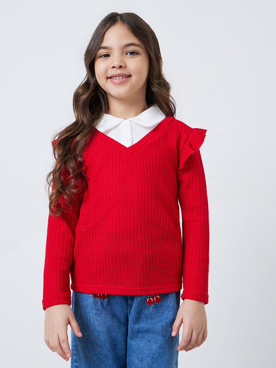 Girls Red Mock Layered Sweater and Embroidered Cherry Jeans Set