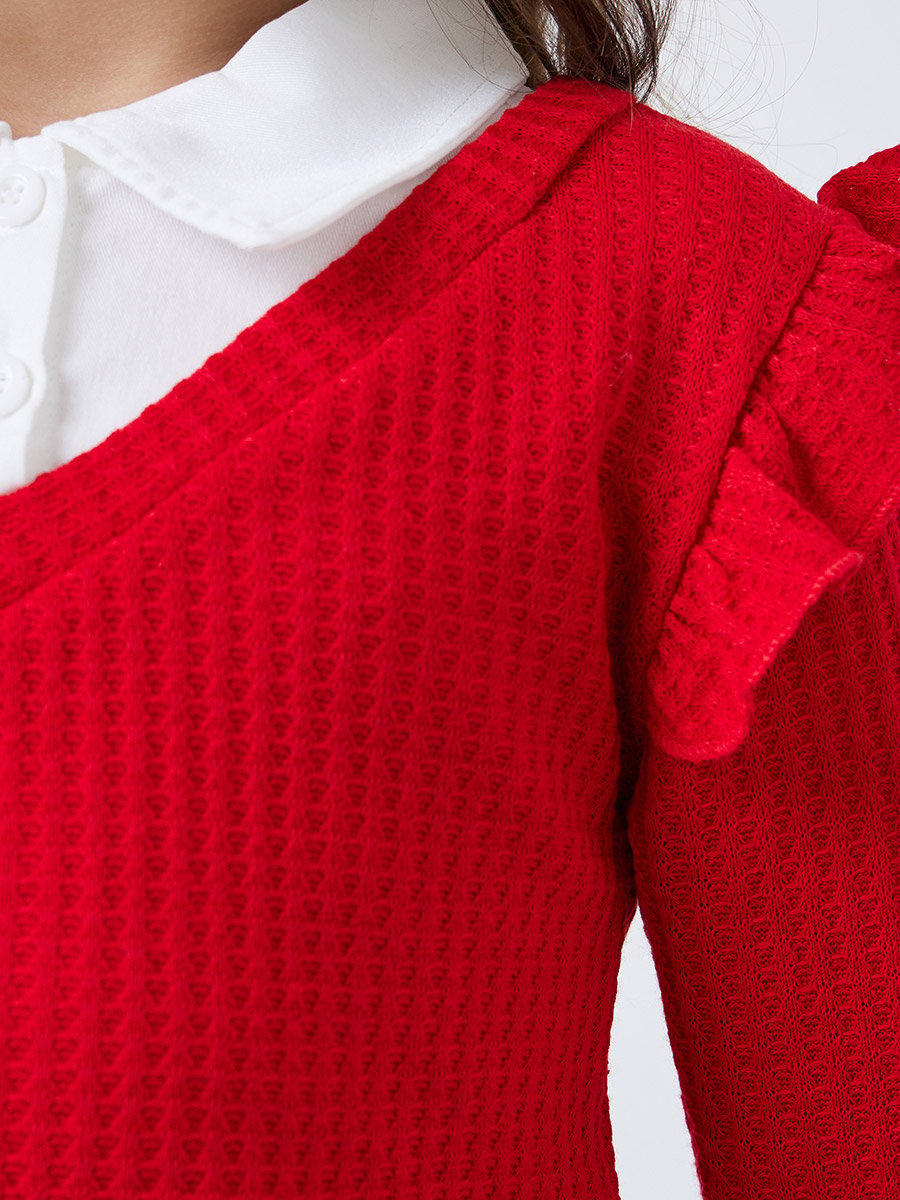 Girls Red Mock Layered Sweater and Embroidered Cherry Jeans Set
