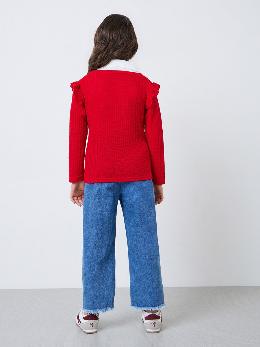Girls Red Mock Layered Sweater and Embroidered Cherry Jeans Set