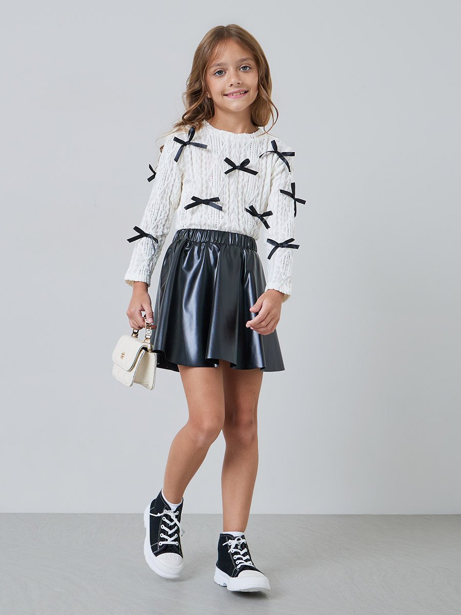 Girls White Bow Knit Top and Black Pleated Skirt Set