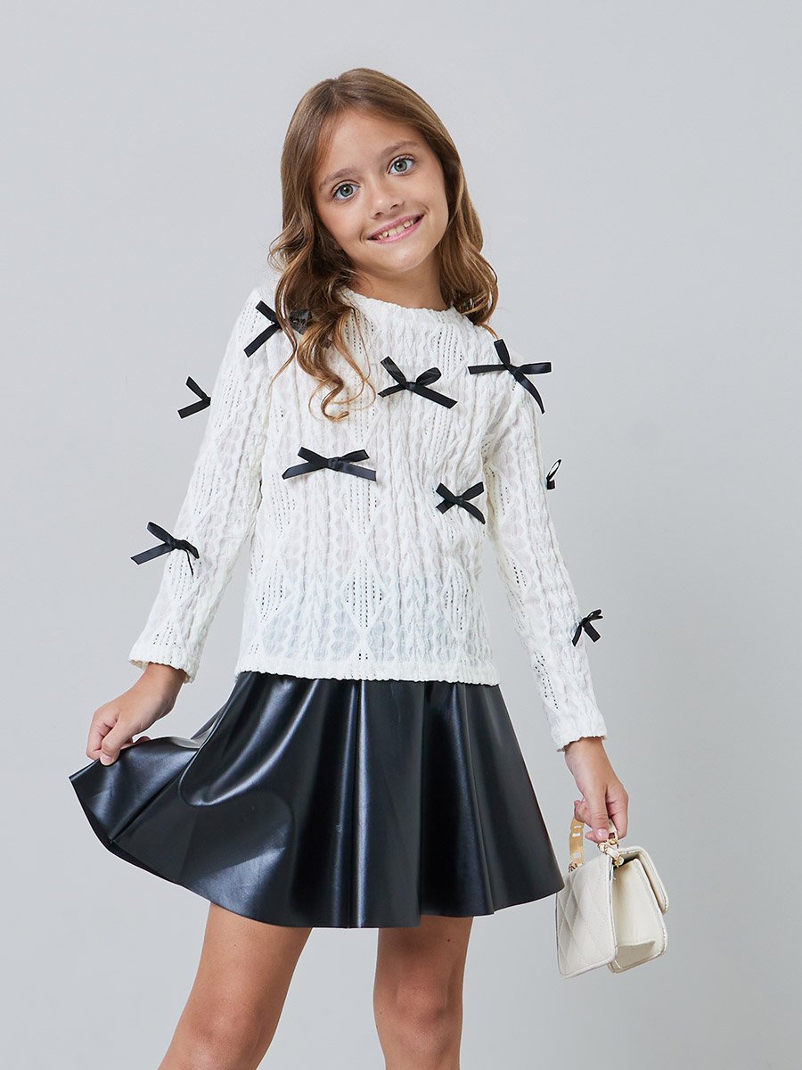 Girls White Bow Knit Top and Black Pleated Skirt Set