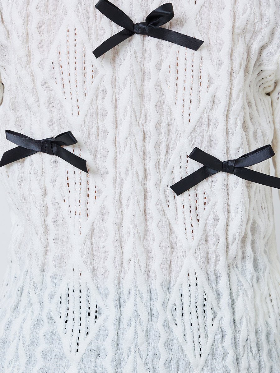 Girls White Bow Knit Top and Black Pleated Skirt Set