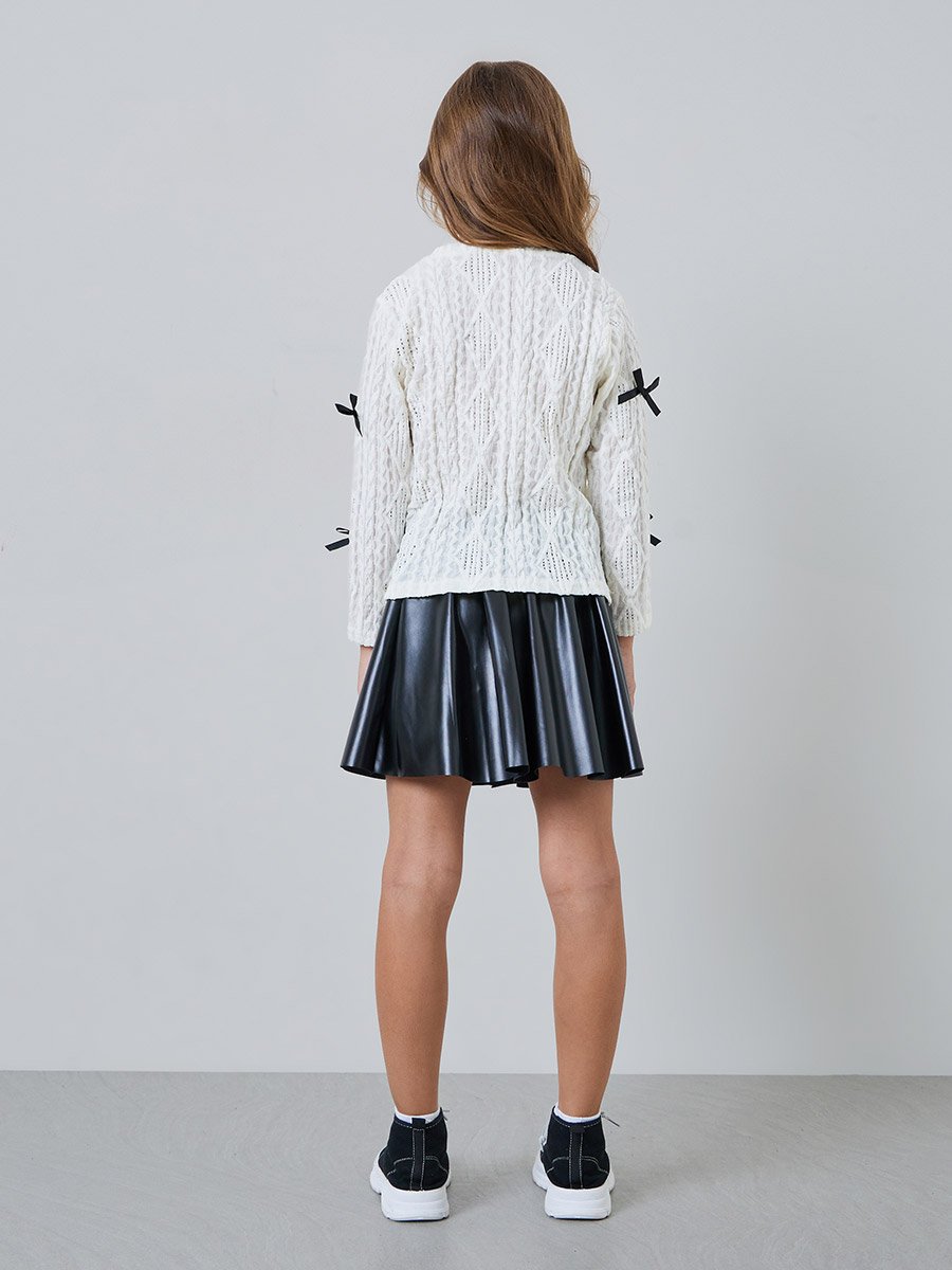 Girls White Bow Knit Top and Black Pleated Skirt Set