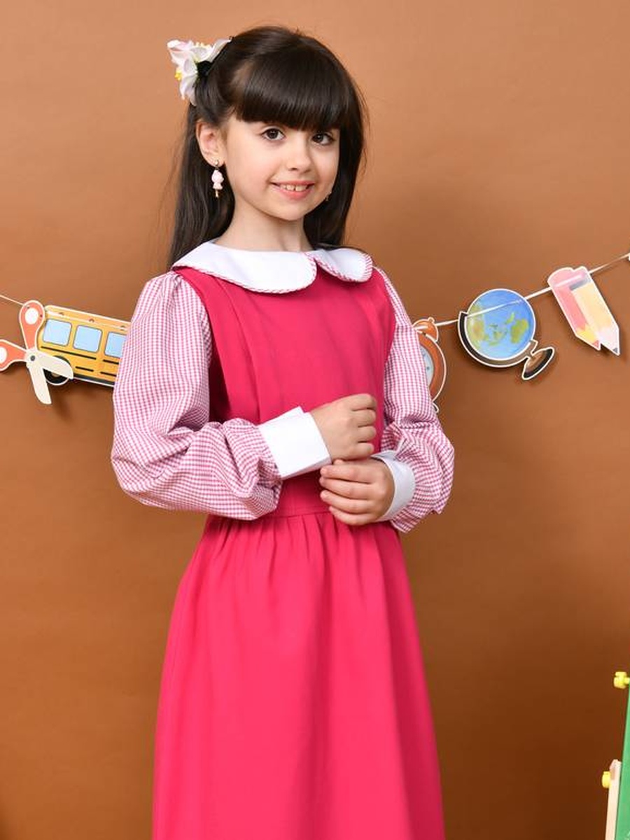Girls Pink Checked Puff Sleeves Pinafore Dress