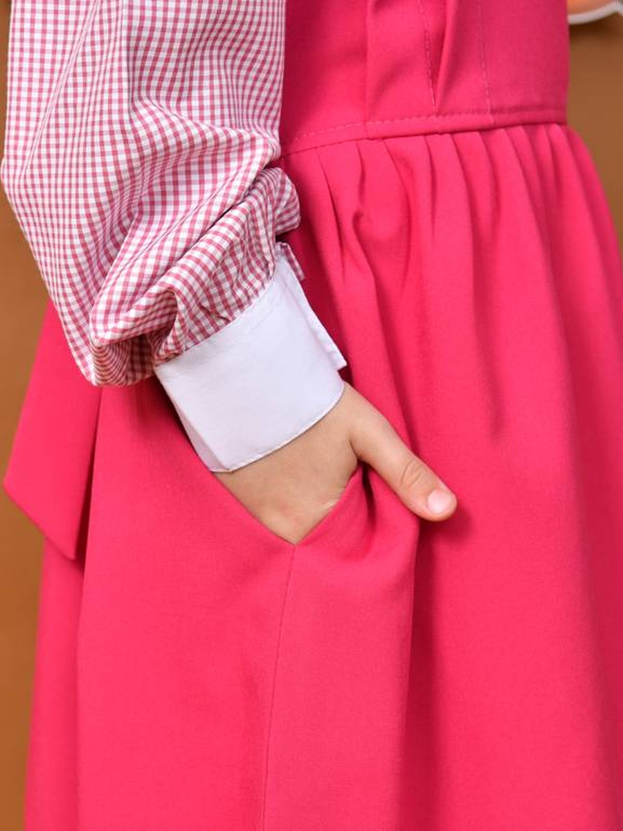 Girls Pink Checked Puff Sleeves Pinafore Dress