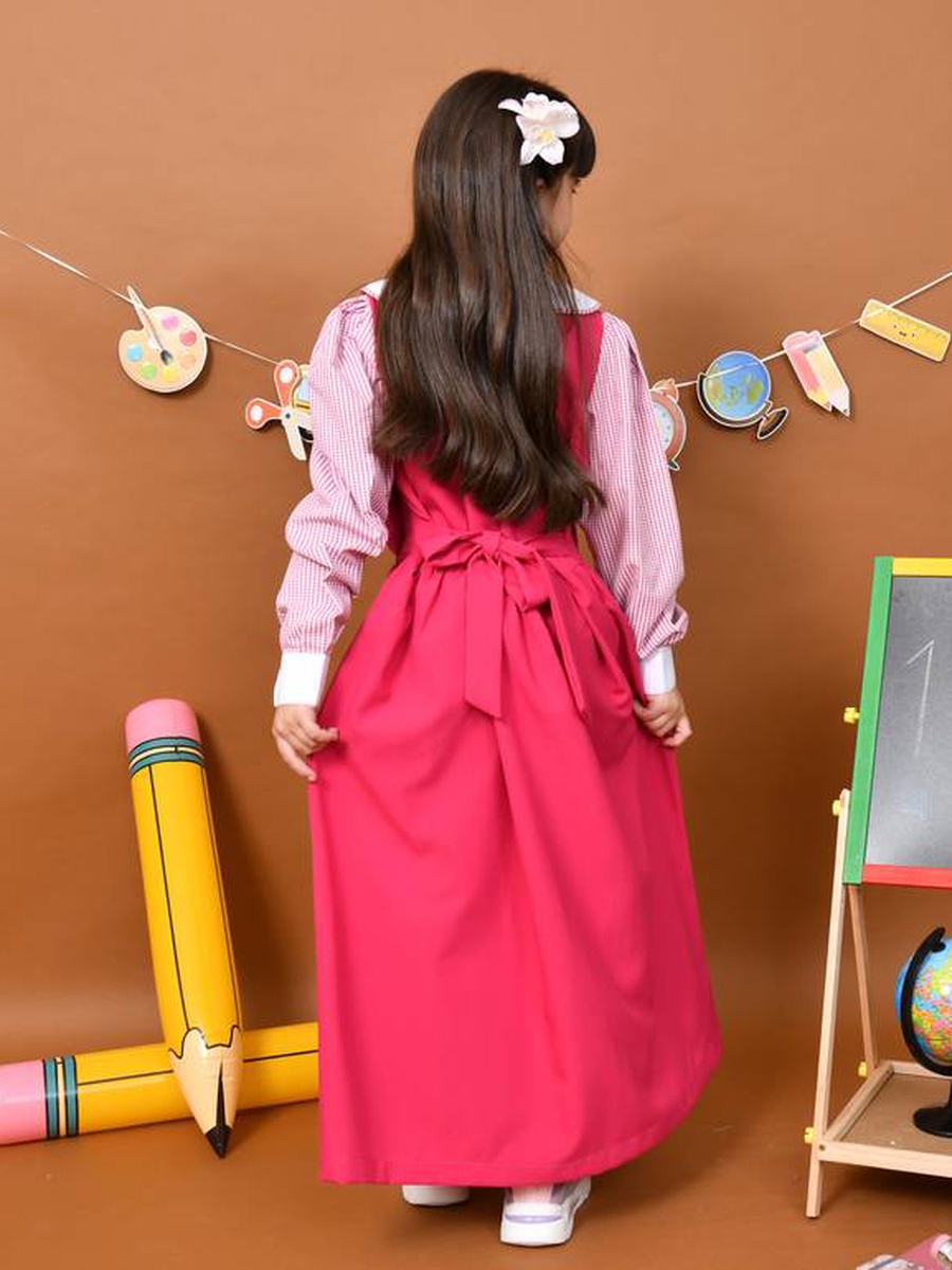Girls Pink Checked Puff Sleeves Pinafore Dress