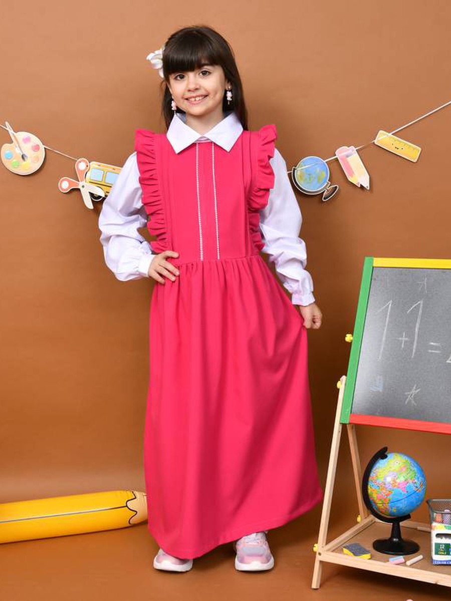 Girls Pink Tie-Up Rushed Shoulders Pinafore Maxi Dress