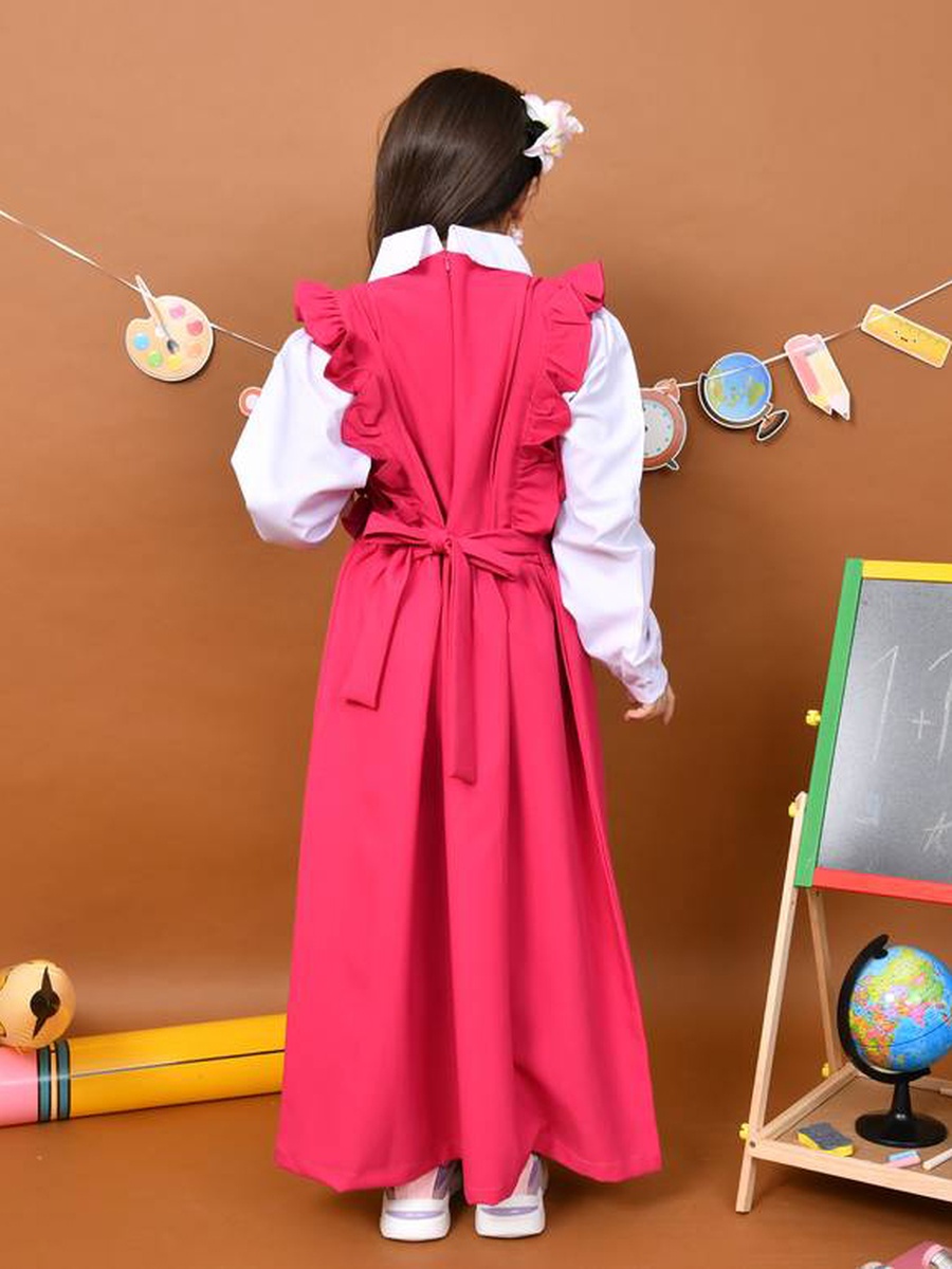 Girls Pink Tie-Up Rushed Shoulders Pinafore Maxi Dress