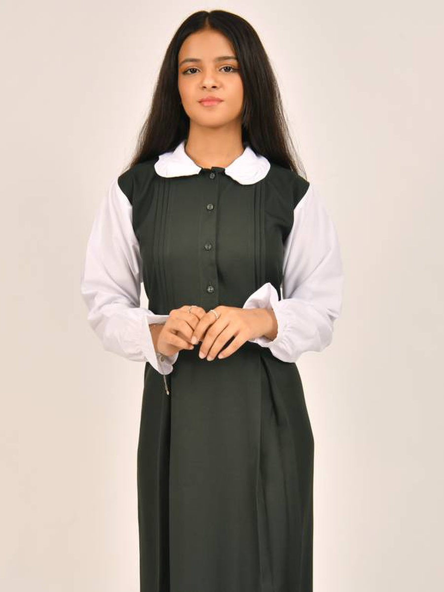 Girls Olive Green White Collar Cuffed Long Sleeves School Uniform