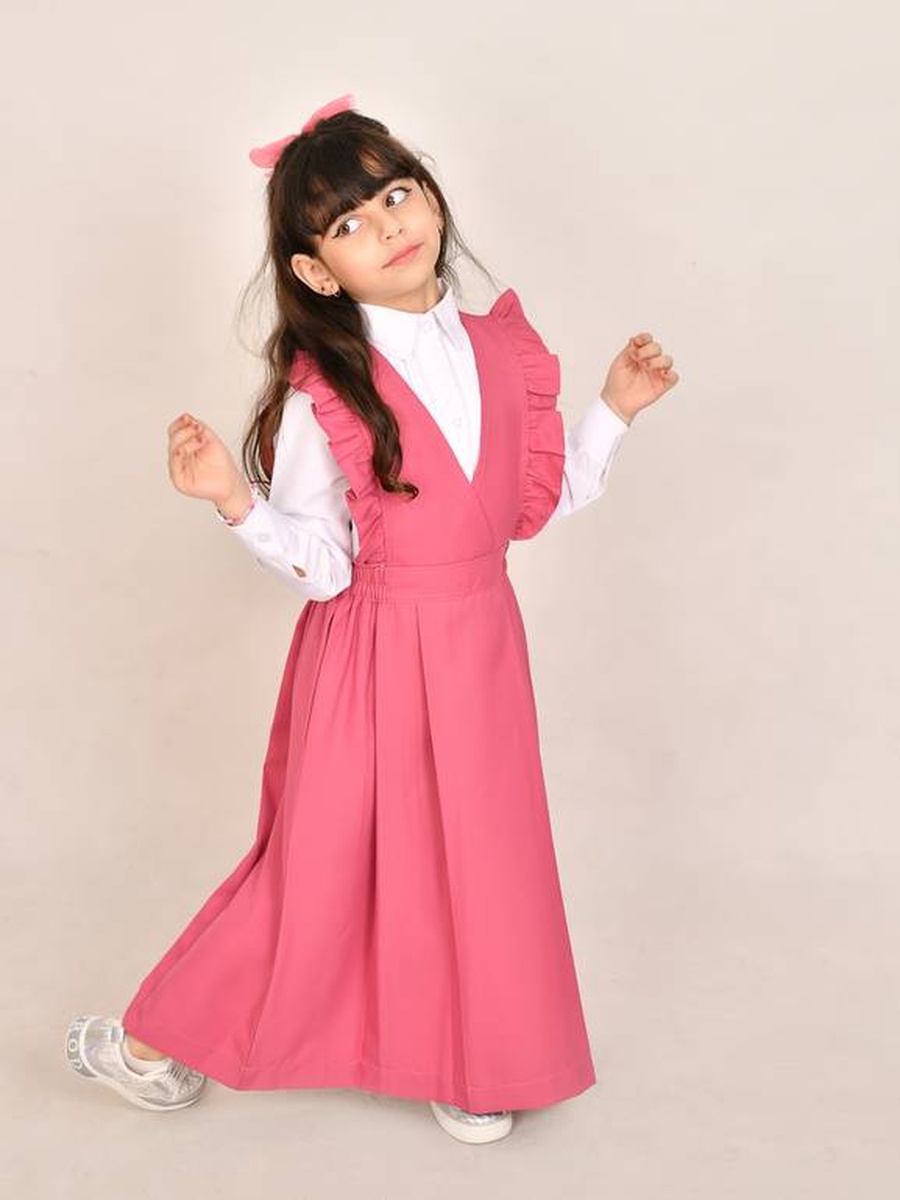 Girls Pink with Wide Ruffled Shoulder Maxi Pinafore Dress