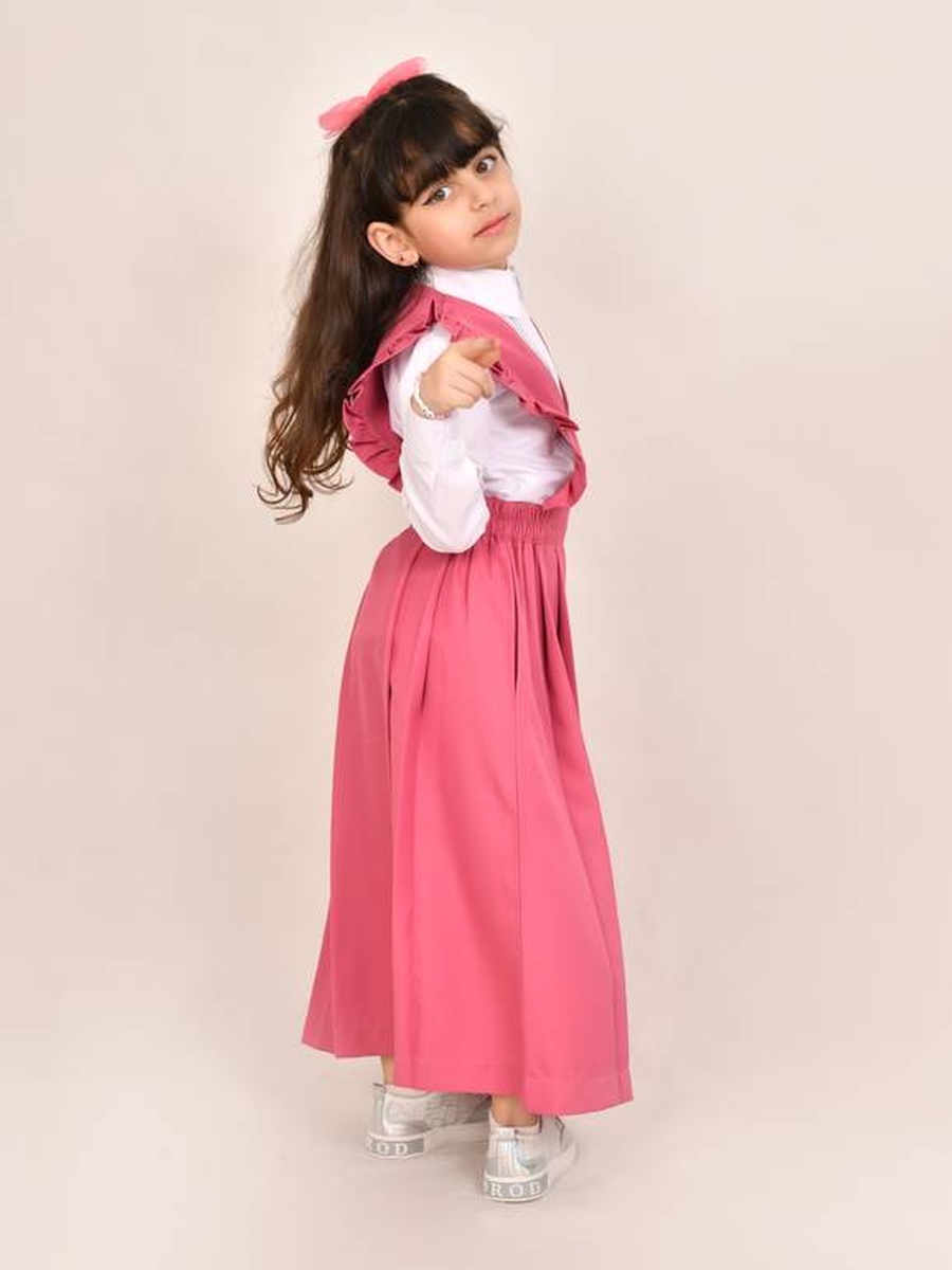 Girls Pink with Wide Ruffled Shoulder Maxi Pinafore Dress
