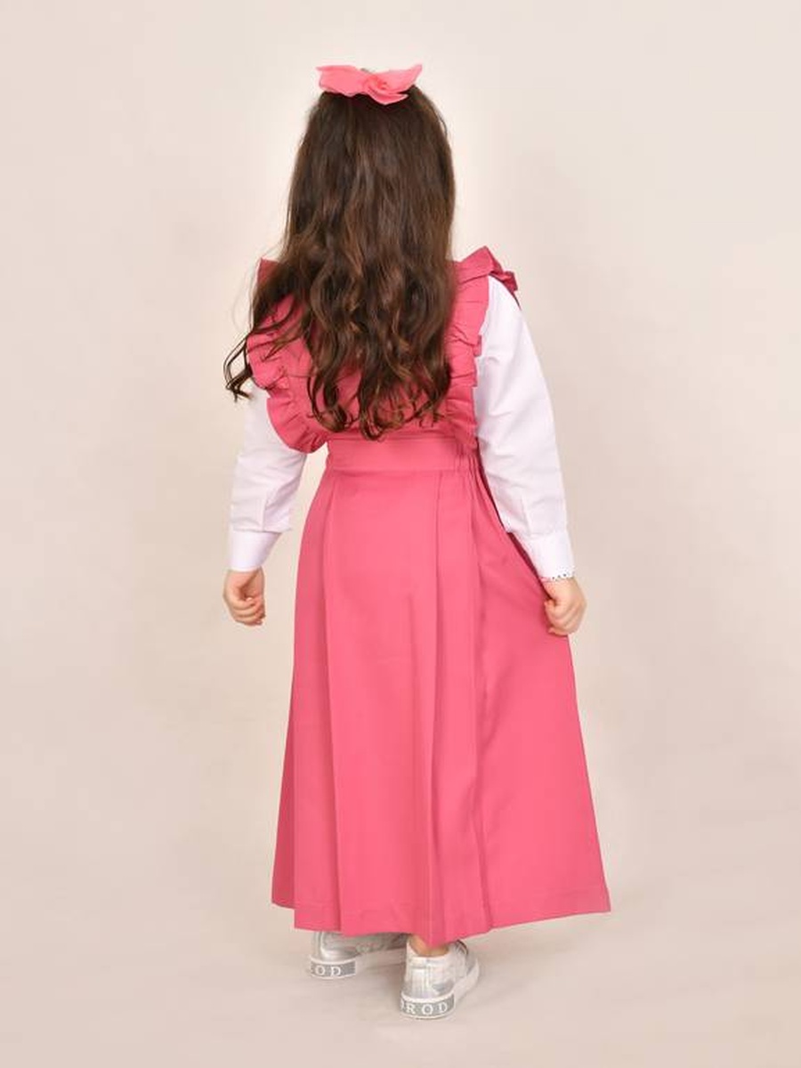 Girls Pink with Wide Ruffled Shoulder Maxi Pinafore Dress