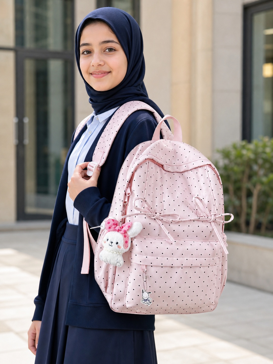 شنطة ظهر بنمط منقط وتفاصيل عقدة