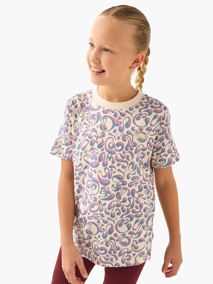 Girls Cotton Crew Neck T-Shirt with Abstract Print and Short Sleeves