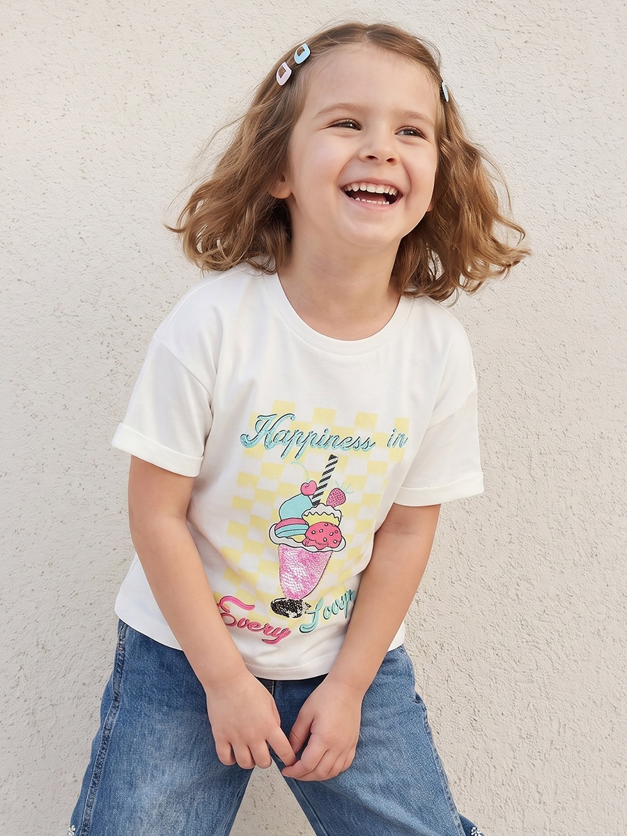 Crew Neck Short Sleeves T-Shirt with Ice Cream Print