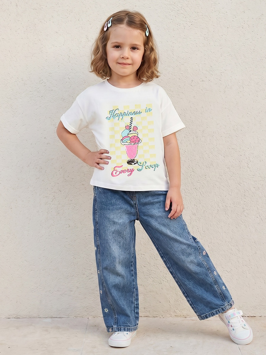 Crew Neck Short Sleeves T-Shirt with Ice Cream Print