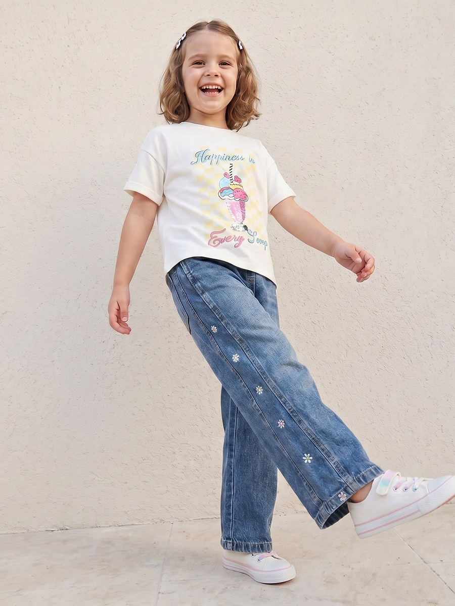 Crew Neck Short Sleeves T-Shirt with Ice Cream Print