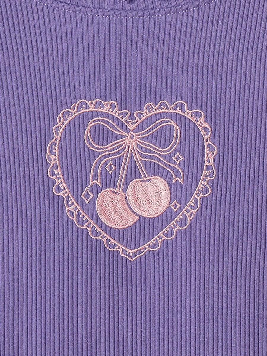 Crew Neck Short Sleeves T-Shirt with Cherry Embroidery