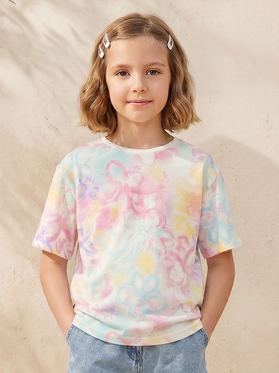 Crew Neck Short Sleeves T-Shirt with Tie-Dye Print